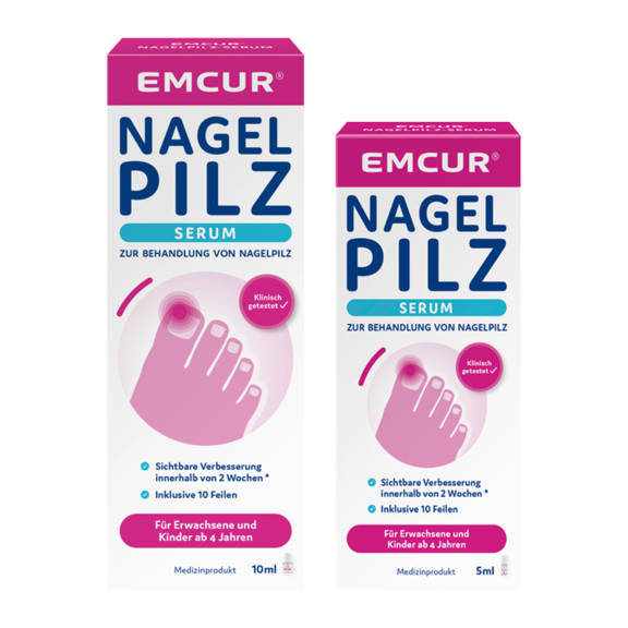 Die Packungen des Emcur Nagelpilz-Gel 5 Milliliter und 10 Milliliter.