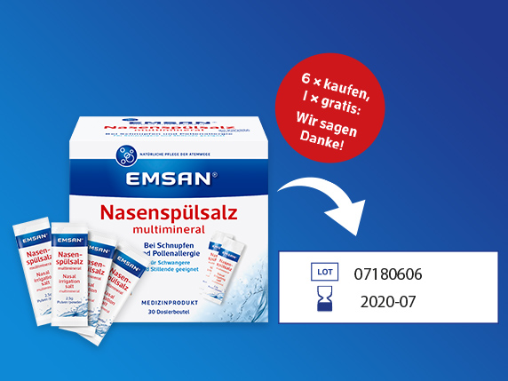 Das Emsan® Nasenspülsalz multimineral inklusive der LOT-Nummer