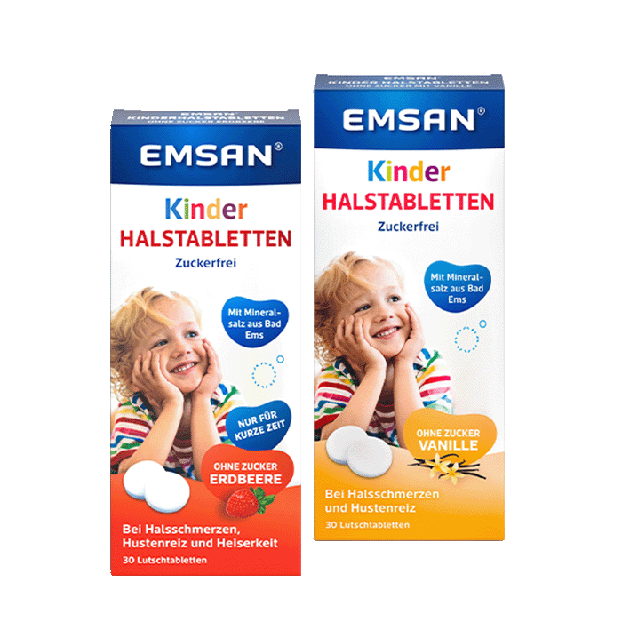 Die Produktverpackung der Emsan® Kinderhalstabletten in den Sorten Vanille Erdbeere