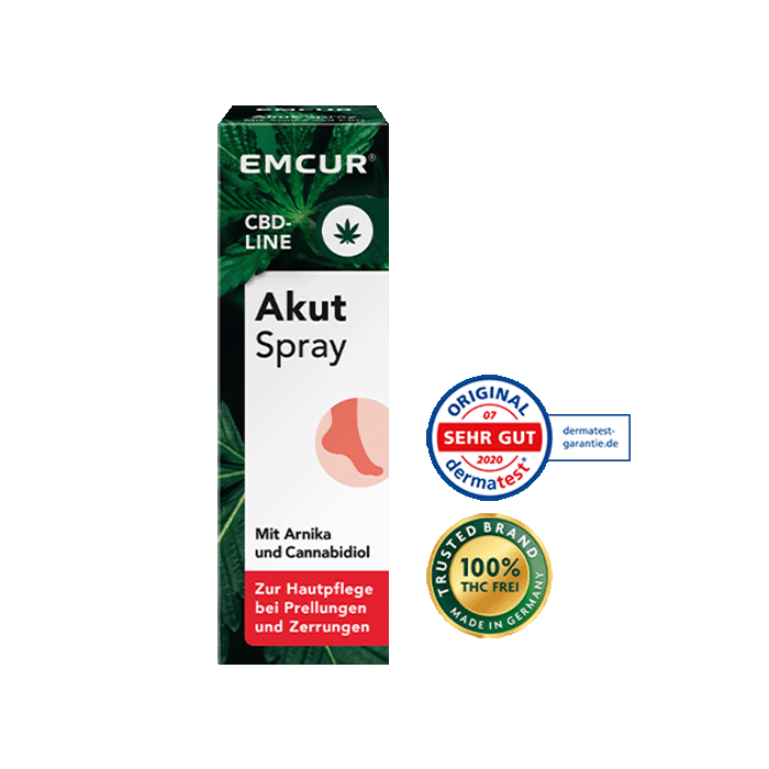 Die Verpackung des Emcur Akut Spray mit Arnika und CBD