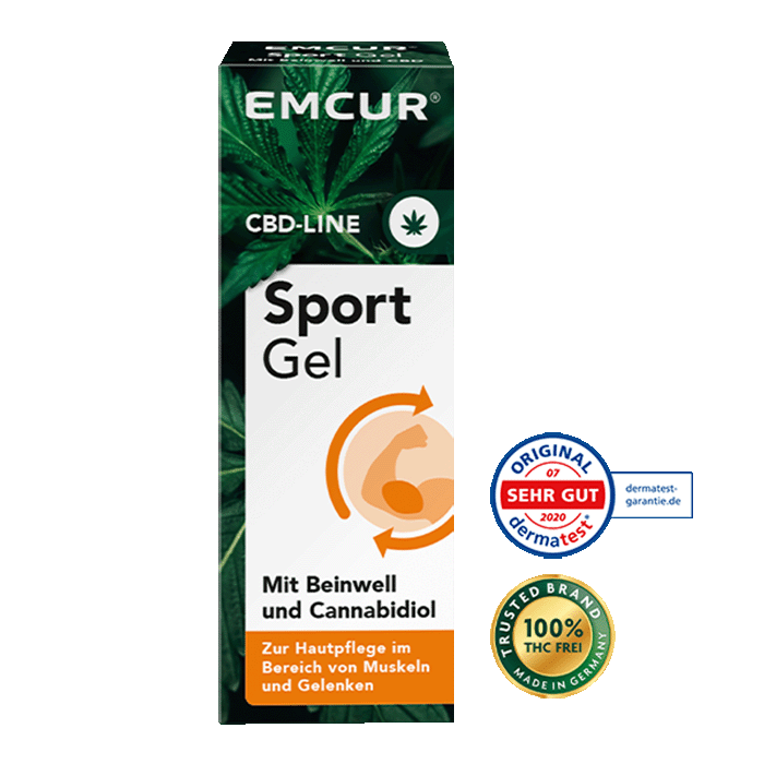 Die Verpackung des Emcur Sport Gel mit Beinwell und CBD