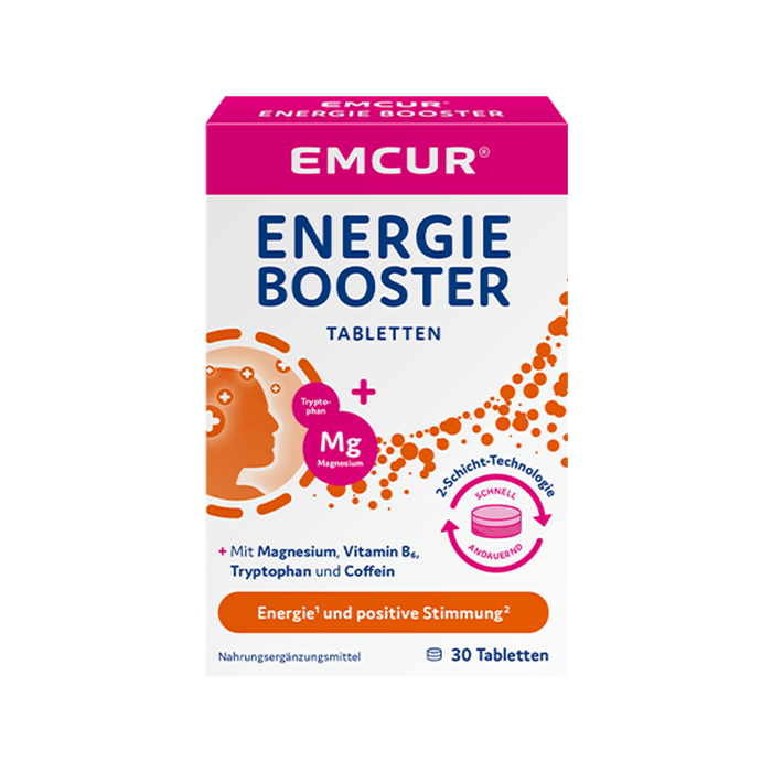 Die Verpackung der Emcur® Energie Booster-Tabletten.