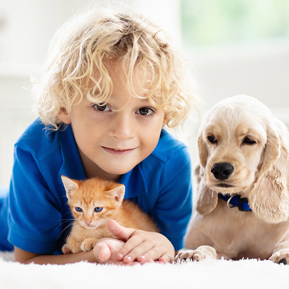 Ein Junge liegt zusammen mit einem Kätzchen und einem Welpen auf dem Fußboden.