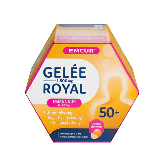 Die Verpackung von Emcur® Gelée Royal 1.500 mg 50+ Orange