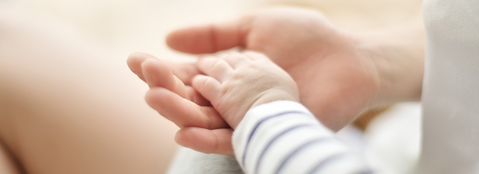 Kleine Babyhand liegt in der Hand eines Erwachsenen.